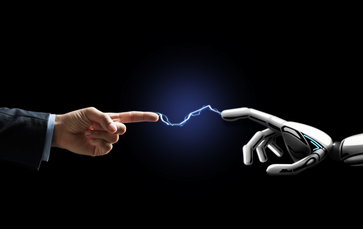 A robot and a human hand connected by lightning symbolizing the transformation from fear to enthusiasm in overcoming employee resistance to automation technologies